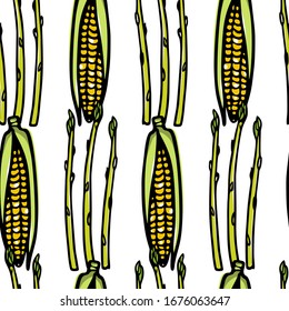 Vector seamless pattern with hand drawn asparagus twigs and corn. Beautiful food design elements, ink drawing, perfect for prints and patterns