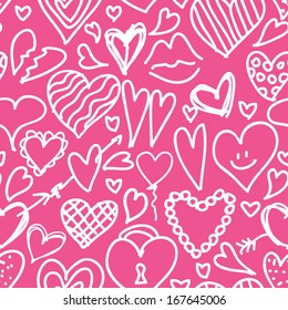 Vector seamless pattern hand drawn, doodle hearts in red, pink and orange color