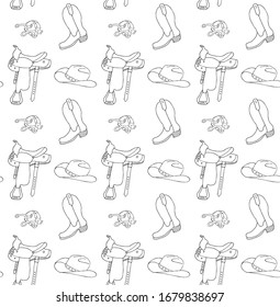 Vector seamless pattern of hand drawn doodle sketch western cowboy equestrian horse equipment isolated on white background