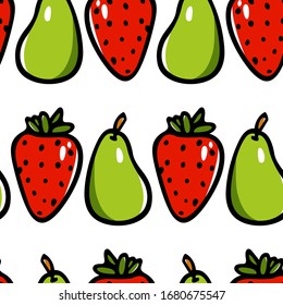 Vector seamless pattern with hand drawn juicy strawberries and green pears. Beautiful food design elements, perfect for prints and patterns