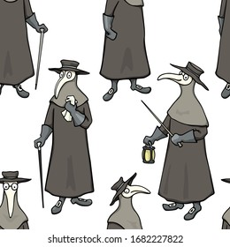 Vector seamless pattern with hand drawn plague doctor in traditional protective costume. Ink drawing, perfect for prints and patterns