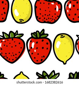 Vector seamless pattern with hand drawn juicy strawberries and lemons. Beautiful food design elements, perfect for prints and patterns