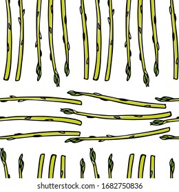 Vector seamless pattern with hand drawn asparagus twigs. Beautiful food design elements, ink drawing, perfect for prints and patterns