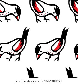 Vector seamless pattern with hand drawn cute red-winged birds made with ink. Beautiful animal design elements. Perfect for prints and patterns