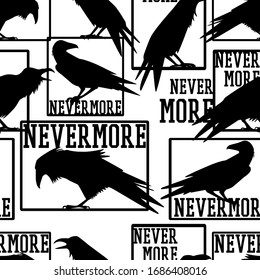 Vector seamless pattern with hand drawn silhouettes of ravens and Nevermore word referring Edgar Allan Poe's poem. Ink drawing. Beautiful design elements, perfect for prints and patterns