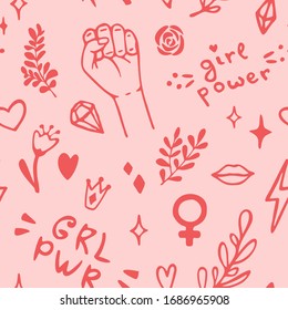 Vector seamless pattern with hand drawn elements on feminism theme: raised fist, slogans, symbol, crown, lips, hearts, branches, diamonds, sparks. 