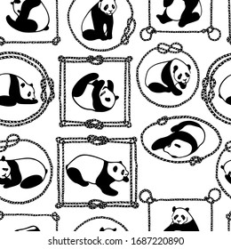Vector seamless pattern with hand drawn cute playful pandas in nautical rope frames. Ink drawing, beautiful animal design elements. Perfect for prints and patterns