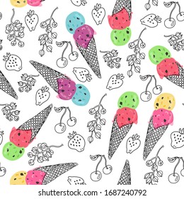 Vector seamless pattern with hand drawn berries and ice cream cones on white. Great for fabrics, wrapping papers, covers. Doodle style with bright color elements. Strawberries, currant, cherries.