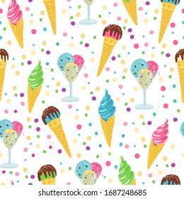 Vector seamless pattern with hand drawn ice cream in waffle cones and glass cups. Polka dots colorful background. Great for fabrics, wrapping papers, covers.