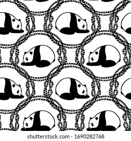 Vector seamless pattern with hand drawn cute lazy pandas in nautical rope frames. Ink drawing, beautiful animal design elements. Perfect for prints and patterns