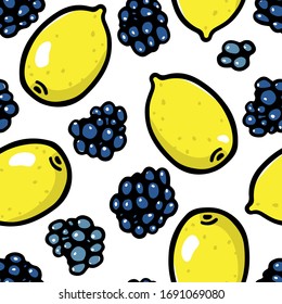 Vector seamless pattern with hand drawn juicy blackberries and lemons. Beautiful food design elements, perfect for prints and patterns