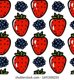 Vector seamless pattern with hand drawn juicy strawberries and blackberries. Beautiful food design elements, perfect for prints and patterns