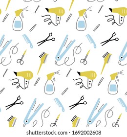 Vector seamless pattern with hand drawn symbols of hair salon. Pattern on the theme of beauty and fashion.