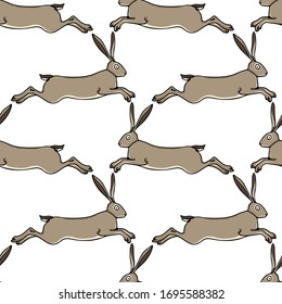 Vector seamless pattern with hand drawn running hares. Sweet design elements, beautiful animal illustration, ink drawing. Perfect for prints and patterns