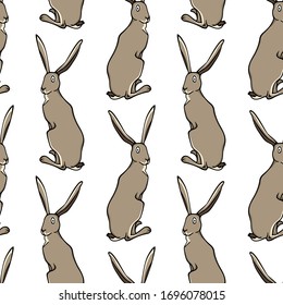 Vector seamless pattern with hand drawn sitting hares. Sweet design elements, beautiful animal illustration, ink drawing. Perfect for prints and patterns