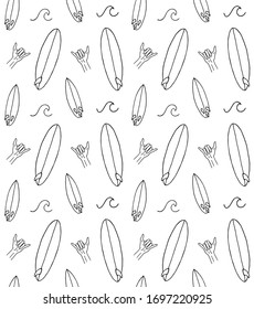 Vector seamless pattern of hand drawn doodle sketch surf board and wave pattern isolated on white background