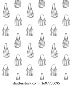 Vector seamless pattern of hand drawn doodle sketch Shopping reusable grocery cloth string mesh cotton eco bag isolated on white background