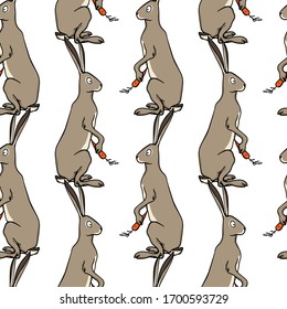 Vector seamless pattern with hand drawn cute hares with carrots. Sweet design elements, beautiful animal illustration, ink drawing. Perfect for prints and patterns