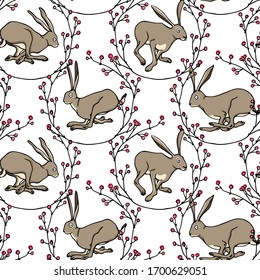 Vector seamless pattern with hand drawn cute jumping hares in floral wreath made with ink. Perfect design elements, beautiful animal illustration
