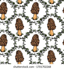 Vector seamless pattern with hand drawn wild morel mushrooms in floral wreath. Ink drawing, beautiful food design elements.