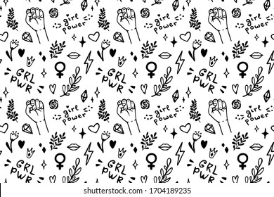 Vector seamless pattern with hand drawn elements on feminism theme: raised fist, slogans, symbol, crown, lips, hearts, branches, diamonds, sparks.