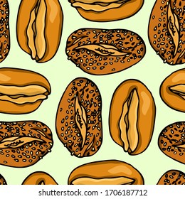 Vector seamless pattern with hand drawn traditional German buns. Ink drawing, graphic style. Beautiful food design elements.