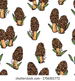 Vector seamless pattern with hand drawn wild morel mushrooms with green leaves and red berries. Ink drawing, beautiful food design elements.