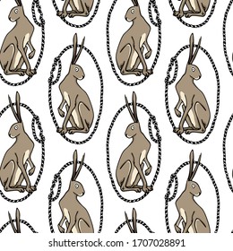 Vector seamless pattern with hand drawn cute timid hares in nautical rope frames. Sweet design elements, beautiful animal illustration, ink drawing. Perfect for prints and patterns