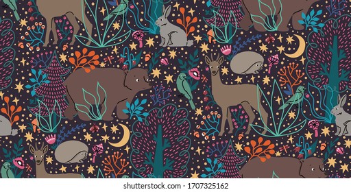 Vector seamless pattern with hand drawn flat funny animals bear, deer, hedgehog, hare, bird, trees. Cute background with forest. Woodland ornament for childrens design, print, textile, wallpaper.