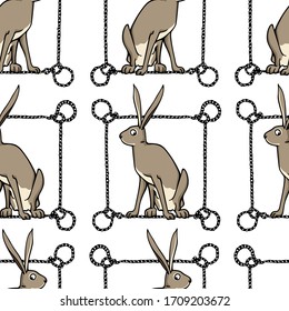 Vector seamless pattern with hand drawn cute timid hares in nautical rope frames. Sweet design elements, beautiful animal illustration, ink drawing. Perfect for prints and patterns