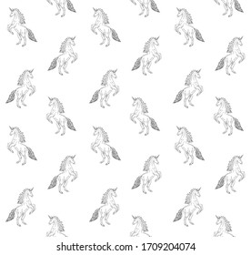 Vector seamless pattern of hand drawn doodle sketch unicorn isolated on white background