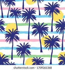 Vector seamless pattern with hand drawn palm trees on grunge colorful strips background. Summer backdrop. Tropical coconut palms silhouette with sun.  