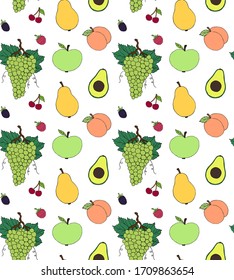 Vector seamless pattern of hand drawn doodle sketch colored fruit and berries isolated on white background