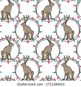 Vector seamless pattern with hand drawn cute timid hare in elegant festive garland. Sweet design elements, beautiful animal illustration, ink drawing. Perfect for prints and patterns