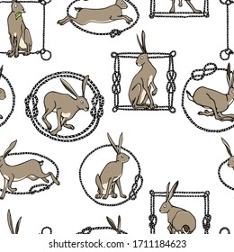 Vector seamless pattern with hand drawn cute timid hares in nautical rope frames. Sweet design elements, beautiful animal illustration, ink drawing. Perfect for prints and patterns