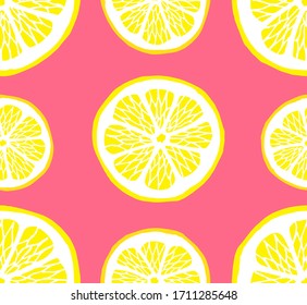 Vector seamless pattern of hand drawn doodle sketch lemon slices isolated on pink background