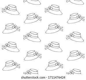 Vector seamless pattern of hand drawn doodle female sketch sun beach straw hat isolated on white background