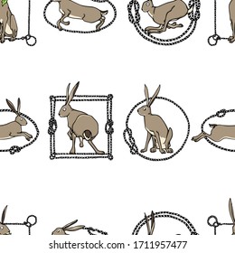 Vector seamless pattern with hand drawn cute timid hares in nautical rope frames. Sweet design elements, beautiful animal illustration, ink drawing. Perfect for prints and patterns