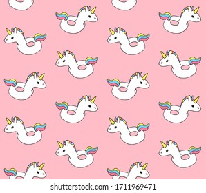 Vector seamless pattern of hand drawn doodle sketch unicorn summer rubber swimming ring isolated on pink background