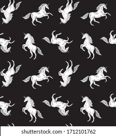 Vector seamless pattern of hand drawn doodle sketch white unicorn isolated on black background