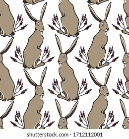 Vector seamless pattern with hand drawn cute sitting hares in delicate lavender wreath made with ink. Sweet design elements, beautiful animal illustration, ink drawing. Perfect for prints and patterns
