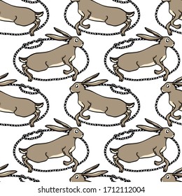 Vector seamless pattern with hand drawn cute running hares in nautical rope frames. Sweet design elements, beautiful animal illustration, ink drawing. Perfect for prints and patterns