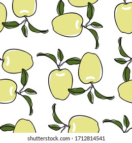 Vector seamless pattern with hand drawn juicy green apples. Beautiful food design elements, perfect for prints and patterns