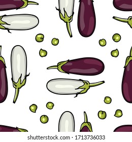 Vector seamless pattern with hand drawn ripe Snowy and Black Nadia eggplants with green pea. Cool vegetable pattern, perfect for prints and patterns