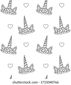 Vector seamless pattern of hand drawn doodle sketch unicorn head with hearts isolated on white background