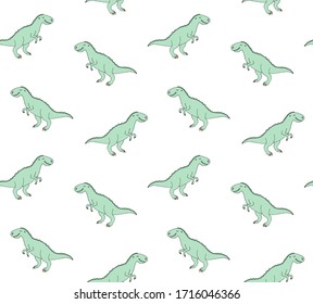 Vector seamless pattern of hand drawn doodle sketch green colored tyrannosaur rex dinosaur isolated on white background