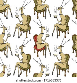 Vector seamless pattern with hand drawn refined deer drinking tea. Beautiful ink drawing, funny illustration of a tea party. Perfect for prints and patterns