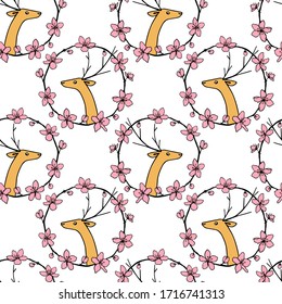 Vector seamless pattern with hand drawn sweet elks in cherry blossom wreath. Beautiful animal design elements, perfect for prints and patterns