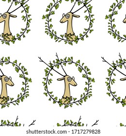 Vector seamless pattern with hand drawn sweet elks in green leafy wreath. Beautiful animal design elements, perfect for prints and patterns