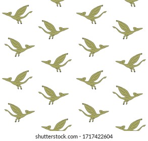 Vector seamless pattern of hand drawn doodle sketch green flying pterodactyl dinosaur isolated on white background